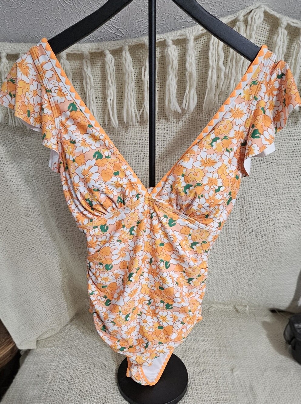 Floral Orange V-Neck One-Piece Swimsuit with Ruffle Straps